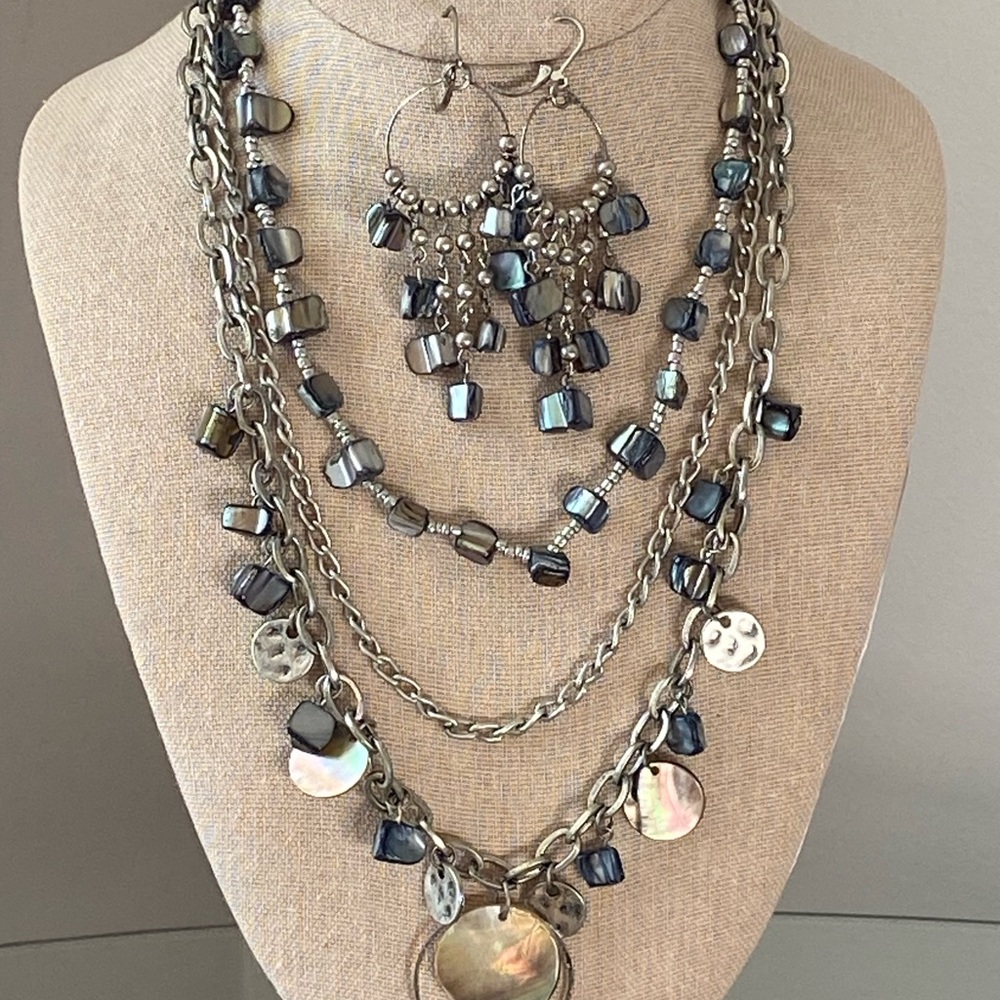 Silver Multi Stone Boho 3 Strand Necklace & Matching Earrings - Picture 2 of 10